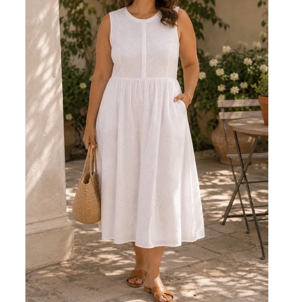 Cotton Floral Eyelet Sleeveless Midi Dress Croft & Barrow Large White NWT